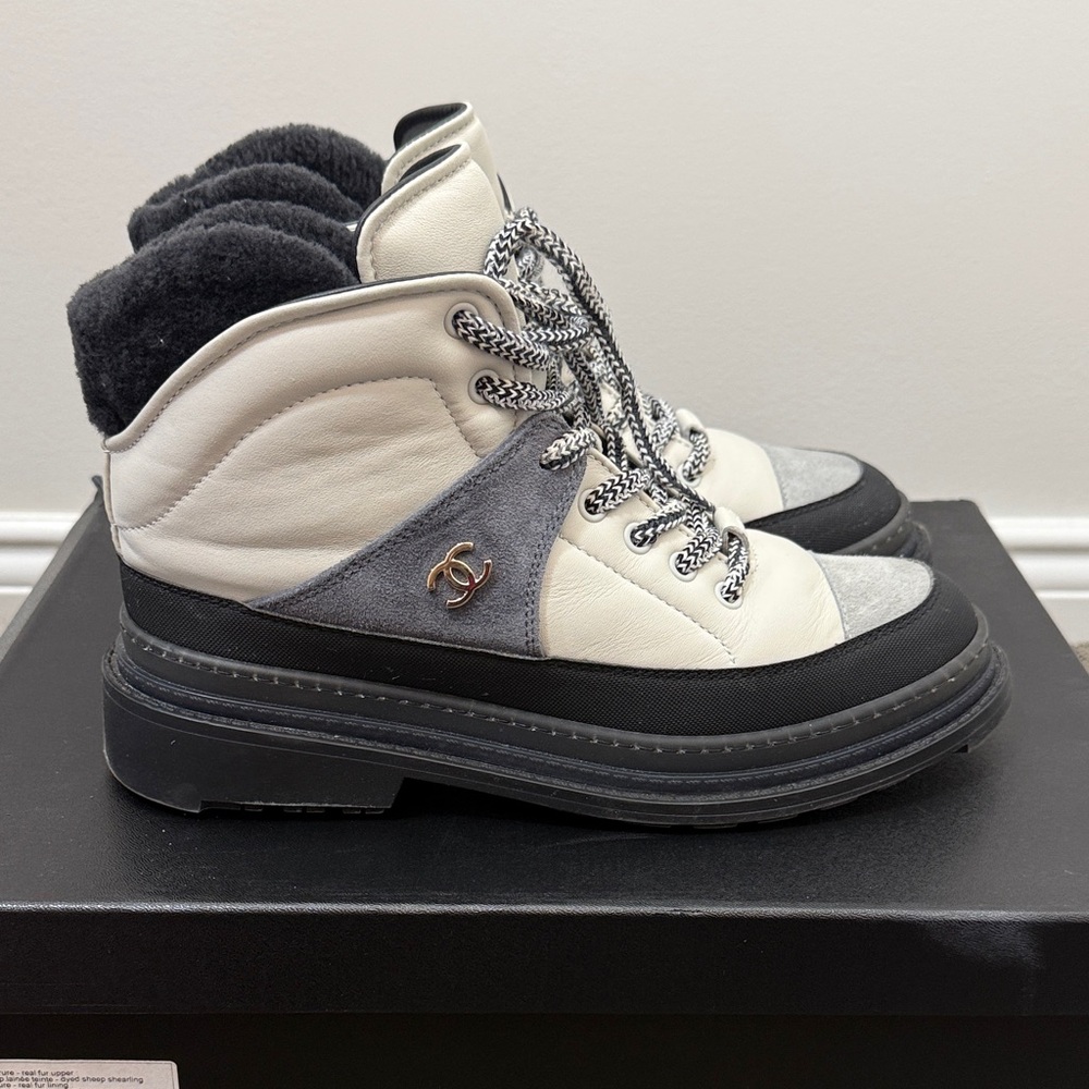 CHANEL Cream, Black and Gray Lace-Up Shearling-Trim Ankle Boots